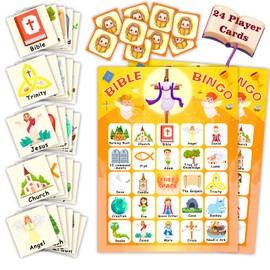 Bible Bingo Game for Kids and Adults - Christian Sunday Church Activity - 24 Card Sets for Family, Open Day, Vacation School Decorations, Easter Gifts, Holiday Party Favors Supplies
