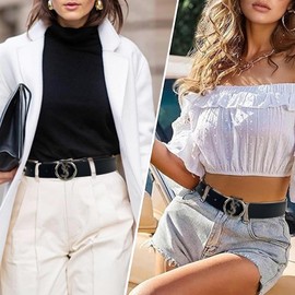 Damen Breiter Gürtel PU Leder Gürtel Klassisch Dekorativen Verstellbarer Hüftgürtel mit Rund Silberne Schnalle Qualität Weiches LederTaillengürtel für Jeans Hosen Kleid Übergroßes Hemd