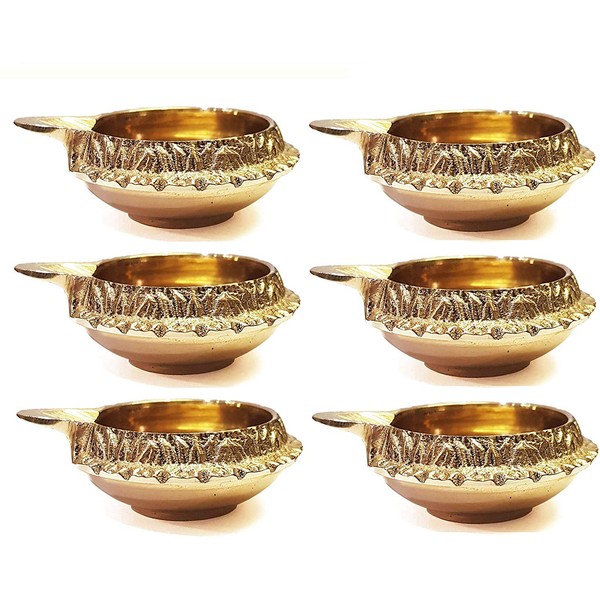 100% 6 Pc Set of Pure MADE OF VIRGIN Brass Diwali Diya Indian Pooja Oil Lamp - Golden Engraved Design Dia - 2.5 Inch. Deepawali Diya/Tea Light Holder/Diwali Traditional Oil Lamp Indian Gift Items.