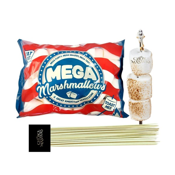 Mega Marshmallow - Extra Tasty, Extra Fluffy, Extra Large Fat Free Smores Roasting Mega Marshmallow With 80 Pack Wooden Skewers - American Style 1 bag x 550g