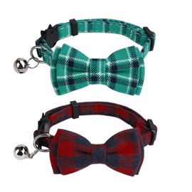 Cat Collar with Bell and Bow Tie, Adjustable, Pack of 2, Adjustable Plaid Cat Collars with Safety Clasp for Small Dogs and Kittens (Red, Green)