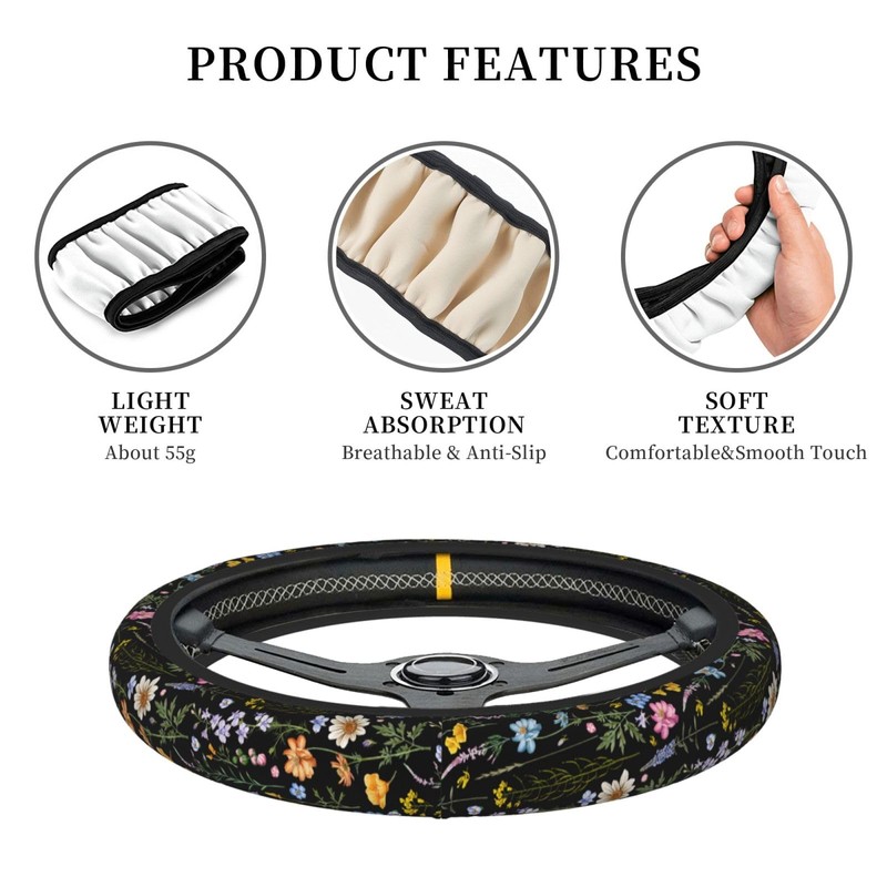 Cute Wildflower Steering Wheel Cover for Women, Universal Auto Steering