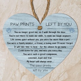 Paw Prints Left by You Memorial Heart Plaque with Inspirational Quote – Pet Remembrance – Hanging Plaque for Home Decor – Dog Cat Loss Sympathy Gift (Mdf Wood Indoor Use Only 10cm x 9cm, Blue)