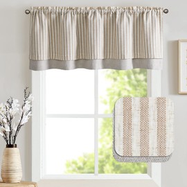 jinchan Linen Striped Valance for Windows 18 Inch Blackout Drapes for Small Window Farmhouse Double Layer Valance for Living Room Kitchen RV Rod Pocket 1 Panel Tan on Linen