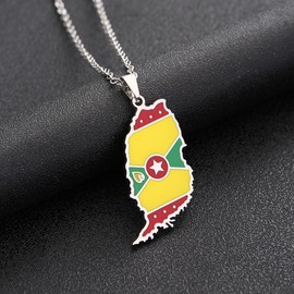 XIAFH Retro Grenada Map Flag Pendant Necklace for Women Girls Stainless Steel Map of Grenada Flag Necklace Geomertic Jewellery Gifts for Women Girlfriend (silver)