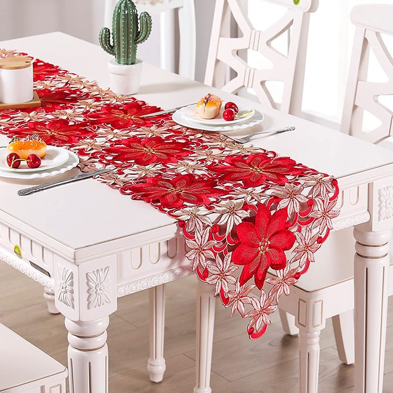 Christmas Table Runner, Embroidered Table Runners Luxury Poinsettia Holly Table