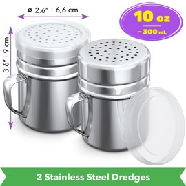CUSINIUM Metal Salt Pepper Dredge Shakers - With Handle - Seasonings Spice Shakers With Holes and Lids - 10 Ounce, 2pcs | Style: Medium