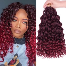 Mscat Curly Crochet Hair 14 Inch 8 Packs Burgundy Gogo Curl Crochet Hair Pre Looped Ocean Wave Crochet Hair Ombre Red Deep Twist Bohemian Box Braids Synthetic Water Wave Braiding Hair for Women