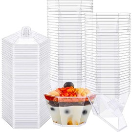 LATERN Pack of 50 Plastic Dessert Cups with Lids, 100 ml Hexagonal Dessert Cups, Transparent Parfait Appetizers Cups, Reusable Serving Bowl with Lid for Party (7.5 x 4.5 cm)