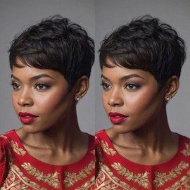 VRZ Short Pixie Cut Wigs for Black Women Pixie Cut Wig Human Hair Glueless Natural Black Straight Full Machine Made Layered for daily use Color 1B#