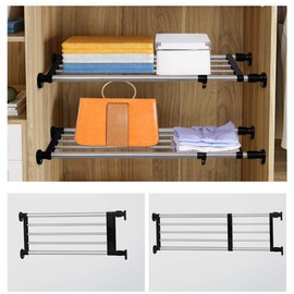 BAOYOUNI Expandable Closet Shelf Tension Rod Clothes Hanger Storage Rack Adjustable DIY Shelving Unit Cabinet Kitchen Bathroom Divider Separator Organizer, Black