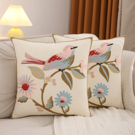 LUOYEHK Embroidered Throw Pillow Covers 18x18 Inch Pack of 2 Spring Farmhouse Floral Pillowcase Square Canvas Cushion Cover for Couch Sofa Bed Living Room (Pink Bird)