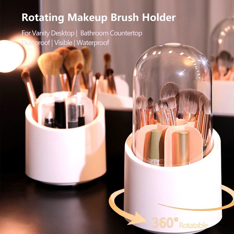 Baoswi Makeup Brush Holder Organizer with Lid, Rotating Dustproof Make