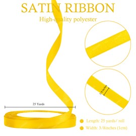 Yellow Satin Ribbon, 3/8 Inches x 25 Yards Solid Fabric Ribbons for Gift Wrapping, Flower Bouquet, Crafts and Wedding Party Decoration