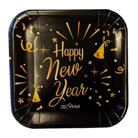 DECORAMI Happy New Year Paper Plates, 2023, Pack of 6, Diameter 23 cm, Celebration, Cardboard/Paper, Sustainable, New Year's Eve Party Tableware, Disposable Plates, Black Gold