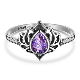 LOVECOM Lotus Ring for Women Teen Girls 925 Sterling Silver Lotus Flower Promise Rings Cubic Zirconia Begin Again My Trauma Inspirational Wedding Band Ring Jewelry Birthday Gifts for Her (Purple, 7)
