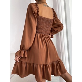 Womens Square Neck Mini Dress Ruched Lantern Long Sleeve Smocked Off Shoulder Dress Ruffle Hem Flowy Dress Brown M