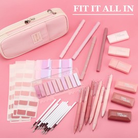 Povxlum 29 Pcs Aesthetic College School Supplies with Pen Case Sticky Notes Gel Pens Highlighters Correction Tapes Back to School Stationery Kit Back to School Gifts (Pink)