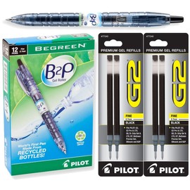 Pilot BeGreen B2P Retractable Gel Ink Pens, Fine Point, 0.7mm, Pack of 12 with Bonus Refills (Black)