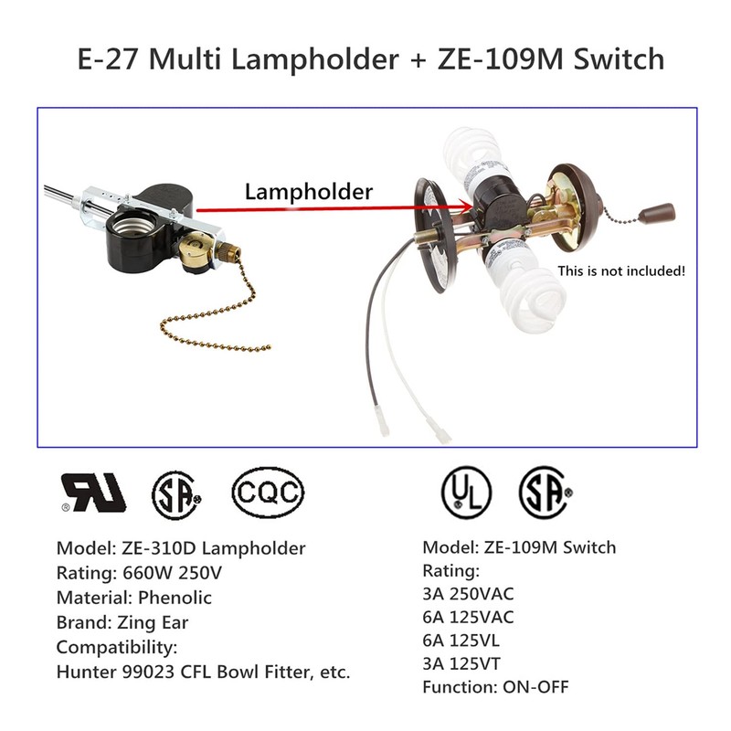 Ceiling Fan Light E-27 Multi Lampholder Socket Switch Zing Ear