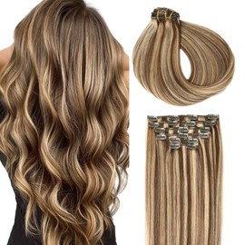 SURNEL Clip in Human Hair Extensions Piano Chocolate Brown and Caramel Blonde 18 Inch 6pcs 120g Clip Hair Extensions Remy Human Hair Extensions (#4P27,18'')
