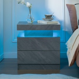 i-aplus Grey Night Stand Set 2 Modern Bedside Tables with 2 Drawers Bedroom Night Stands Set of 2 LED Night Stand for Bedroom, Living Room