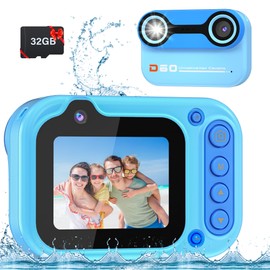 1080P Kids Waterproof Camera - 10FT Underwater Camera Birthday Gifts for Girls Boys Children Digital Action Camera with 32GB SD Card, Pool Toys for Kids Age 4 5 6 7 8 9 10 - Blue