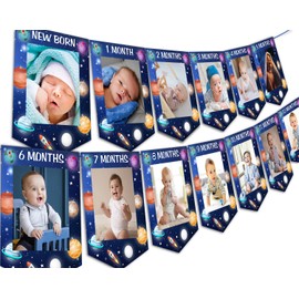 First Trip Around The Sun Photo Banner, Outer Space 1st Birthday Party Decoration - Blue Solar System Baby Picture Banner for Newborn to 12 Months’ Boy