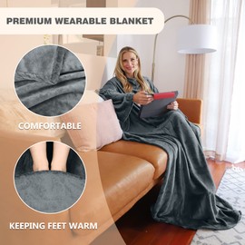 Catalonia Classy Portable Blanket with Sleeves Gift for Adult Women Men, Extra Soft Warm Cosy Micro Plush Lightweight Fleece Snug Body Blanket, TV Wrap Throw Blanket with Pocket,Grey