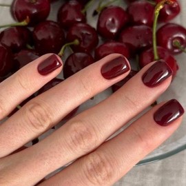 KQueenest Dark Red Press On Nails Short Square - Acrylic Press On Nails With Glue, Wine Red Short Fake Nails Press ons, Glossy Opaque, Reusable Soft Gel Glue on Nails for Women Gift, 24 Pcs