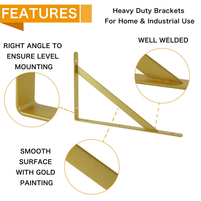 EZYDECOR Shelf Brackets Gold Brackets for Shelves 300mm/12 Inch Triangle