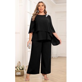 AOVDE Mother of Bride Pantsuits Plus Size Dressy Pant Suits 2 Piece Sets with Pockets for Women Formal Wedding Guest Party Outfit Black 18