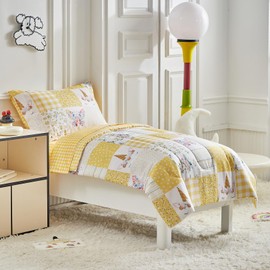 Joyreap 4 Piece Toddler Bedding Set- Yellow Butterflies Flowers Patchwork Toddler Comforter Set, Includes Quilted Comforter, Fitted Sheet, Top Sheet, and Pillow Case