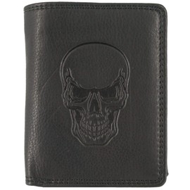 Hill Burry Leather Wallet for Men with RFID Protection with Coin Compartment (Shopping Chip) Embossed Skull Genuine Leather Wallet Black, black, Portrait