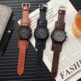 MINILUJIA Big Face Round Dial Men Cool Watches Vintage Retro Rock Wide Leather Strap Watch Fashion Quartz Calendar Wristwatch (Chocolate)