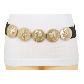Women Fashion Belt Elastic Hip High Waist Metal Greek Coin Medallion Charms S M Black