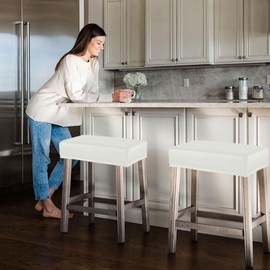 Levoberg Bar Stool Cover Rectangle Waterproof PU Counter Height Barstool Slipcovers Rectangular Vanity Stool Cover Kitchen Counter Saddle Seat Cover for Wooden Metal Bench Set of 4 White