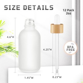 DMuuuDM 12 Pack 2 oz Frosted Glass Dropper Bottle,Empty Round Glass Boston Travel Bottles With Eye Droppers,Natural Bamboo Dropper Cap for Essential Oils, Colognes & Perfume,Aromatherapy,Liquids