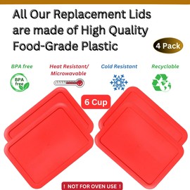Klare Ware 6 Cup Rectangle Replacement Lids/Covers for Pyrex, Anchor Hocking & KlareWare Storage Bowls *Lids Only -Glass Container Not Included*, 4 Pack, Red
