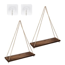 Wood Hanging Shelves for Wall, Wall Hanging Shelf, Window Plant Shelves, Floating Wall Shelves for Living Room Bedroom Bathroom Kitchen (Dark Brown)