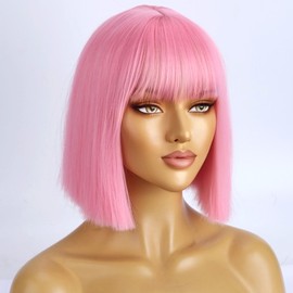 WTHCOS Pink Wigs for Women Girls Short Straight Pink Bob Wig with Bangs Heat Resistant Synthetic Wigs for Cosplay Costume Party
