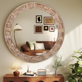 Yamyeud Round Wood Wall Mirror 30 Inch, Farmhouse Decorative Circle Mirrors for Living Room, Bathroom, Bedroom, Entryway
