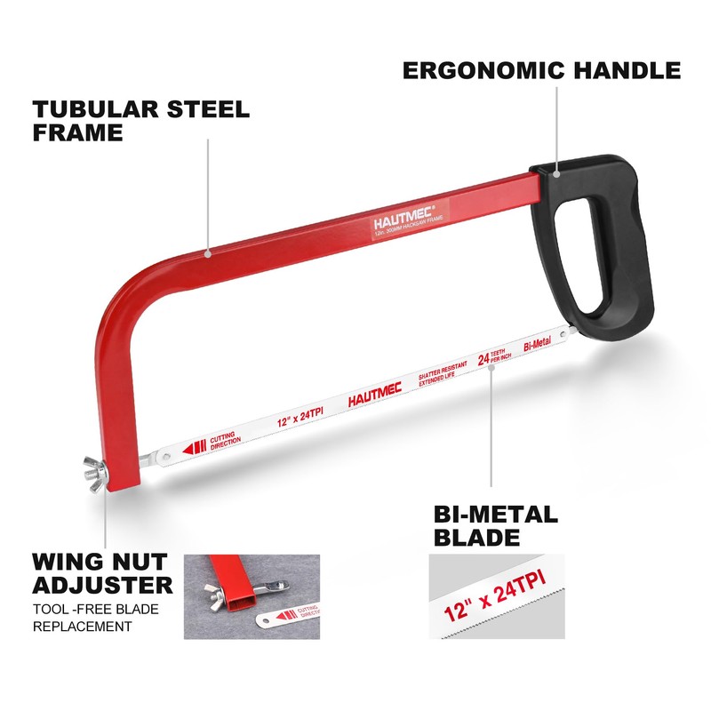 HAUTMEC 12-Inch High Tension Hacksaw, Lightweight Hack saw Frame with