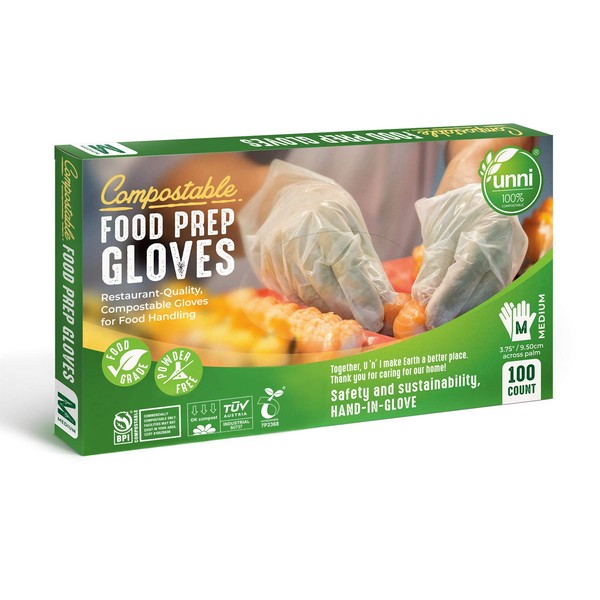 UNNI 100% Compostable Food Prep Gloves, Restaurant-Quality,For Food Handling, Powder-Free, 100 Count, Medium, Earth Friendly Highest ASTM D6400, US BPI and Europe OK Compost Certified, San Francisco