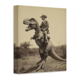 Sepia Cowboy Riding T-Rex Poster-Retro Western 16"x20" Canvas Poster - Perfect Gift for Dinosaur Enthusiasts, Ideal for Man-Caves, and Unique Boy's Room Decor with a Weird, Oddities, and Strange Vibe