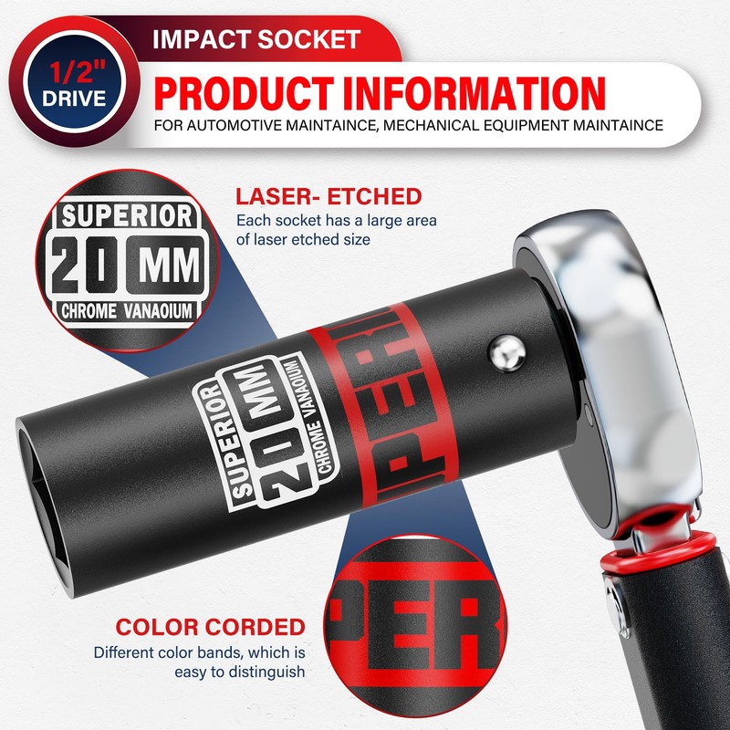 Aiourx 1/2" Drive Impact Socket, 20 mm Deep Socket, Metric,