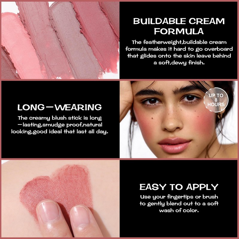 FOCALLURE Cream Blush Makeup,Buildable Blush Stick for Cheeks,Matte and Dewy