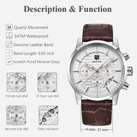 BENYAR Chronograph Waterproof Watches Business and Sport Design Brown Leather Band Strap Wrist Watch for Men (Coffee Silver White)