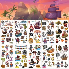 Pirate Tattoo Children's Set, 10 Sheets Skin-Friendly Children's Tattoos Boys Girls Temporary Tattoo Stickers, Party Bags Children's Birthday Party Favours Party Decoration Pirates Children
