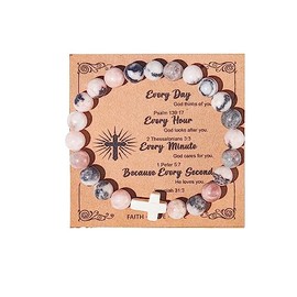 Christian Gifts for Women Godmother Men Cross Beads Stretch Bracelet Catholic Religious Natural Stone Pink Zebra Bracelet Inspirational Mothers Day Birthday Easter Jewelry Gifts(Every day God thinks of you)